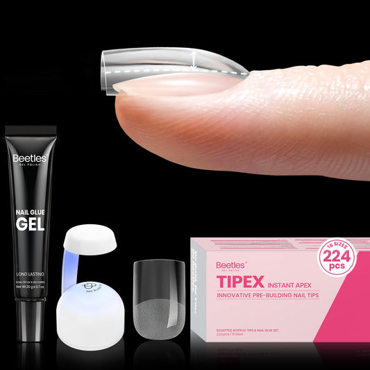 Beetles Tipex Gel Nail Kit Extra Short Square: 16 Sizes Instant Apex Nail Tips, 224 Pcs Pre-Building Square False Nail Tips with UV Nail Glue, LED Mini Nail Lamp-Thick Acrylic Nail Set for Flat Nails