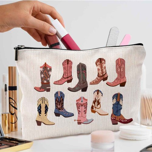 QGFM Western Makeup Bag - Cowgirl Gifts, Boho Western Cowboy Boots Makeup Cosmetic Bag for Purse