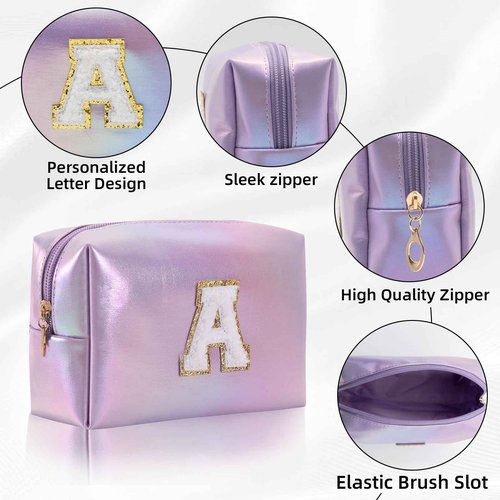 Monogrammed Gift for Women Girls,Personalized Initial Cosmetic Bag Preppy Makeup Bag with Zipper,Cute Makeup Pouch, Waterproof Toiletry Bag,Personalized Gift for Girl＆Bridesmaids (Letter-A)