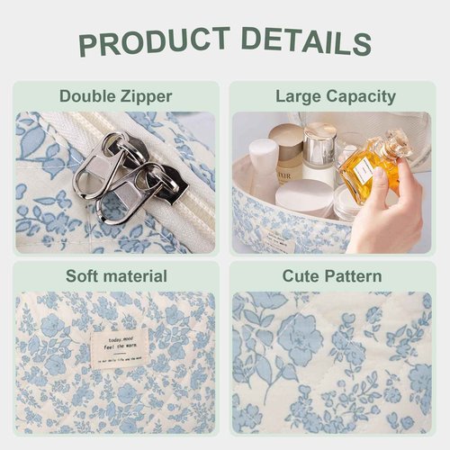 GISMTR 3Pcs Cotton Quilted Makeup Bag Large Travel Cosmetic Bag Coquette Makeup Pouch Cute Aesthetic Floral Toiletry Bag for Women Girls