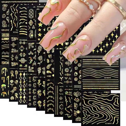 30 Sheets Gold Line Nail Art Stickers Gold Leaf Flower Nail Decals 3D Self-Adhesive Nail Art Supplies Charms for Nails Art Manicure Tips Decoration