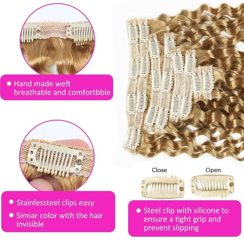 Curly Clip in Hair Extensions Real Human Hair 14inch 100g Invisible & Seamless 100% Brazilian Remy Human Extension Deep Wave Clip ins Extensions Double Weft 8 PCS with 20 Clips #27 Honey Blonde