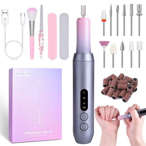 EVILTO Electric Nail Files Cordless, Professional Nail Drill LCD Display with 12 Bits 30000RPM Rechargeable Manicure Pedicure EFile for Gel Nail Polish Acrylic Nails Thick Toenails Removal, Grey Pink