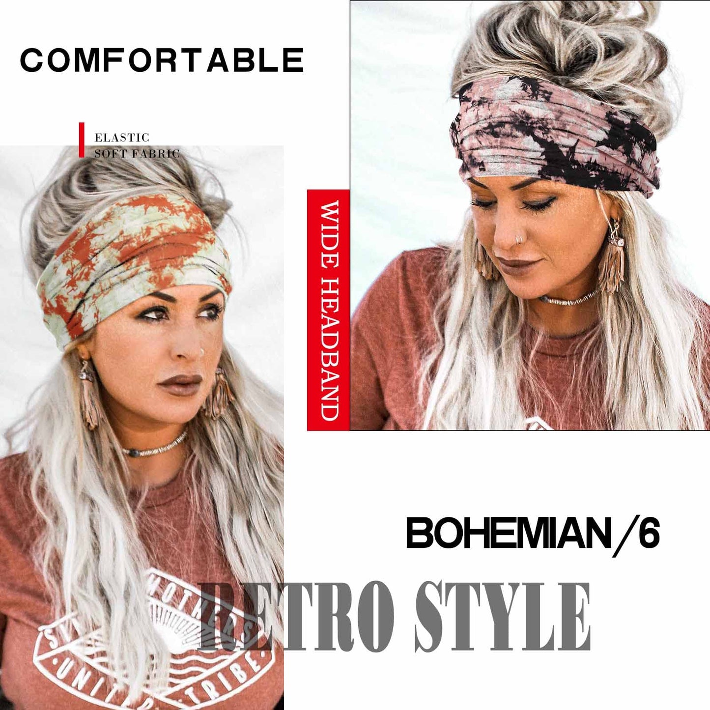 Olbye Boho Headbands Women Wide Knotted Headband Non Slip Elastic Hairbands Tie Dye Turban Head Wraps Workout Sports Yoga Sweatband Bohemian Head Bands for Women Fashion Hair Accessories Pack of 6