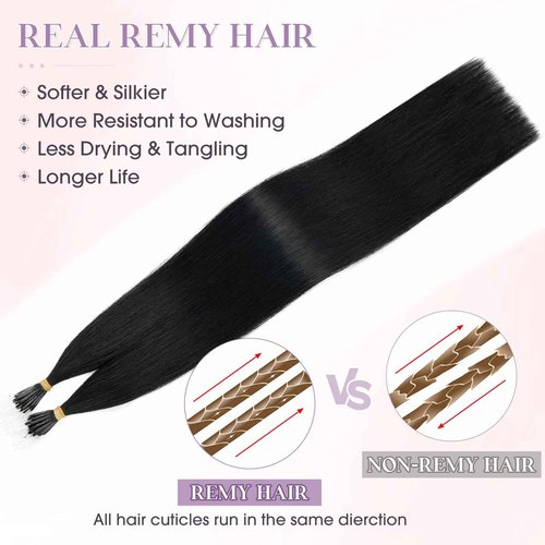 Elailite I Tip Hair Extensions Human Hair Elastic Itip Real Remy Hair Jet Black 22 Inch 50G 50Strands Straight Pre Bonded Keratin Fusion Human Hair Extensions