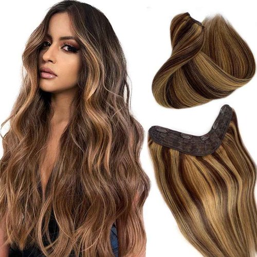 Human Hair Clip Extensions - Chocolate Brown to Caramel Blonde Ombre Highlight V Shape - 14" 70G 4/27 One Hairpiece 3/4 Full Head Balayage With 5 Secure Clips