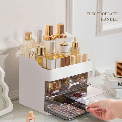 Makeup Organizer for Vanity,Vanity Organizer with 2 Drawers,Makeup&Skincare Organizers Countertop,Cosmetic Display Case,Vanity Storage Box(White)