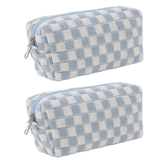 SxoSyo 2 Pcs Cosmetic Bags for Women Makeup Bag Purse Travel Toiletry Zipper Storage Pouch Make up Brushes Organizer for Gifts (Checkered, Blue 2)