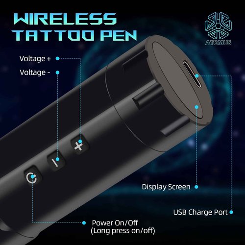 ATOMUS Cordless Tattoo Pen Machine Kit, 2000mah Rechargeable Pen Style Tattoo Cartridge Machine with Digital OLED Display 40pcs Tattoo Cartridge Needles 60pcs Ink Cups 6pcs Tattoo Dip Foam Cup
