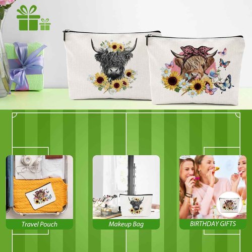 2pcs Western Cow with Sunflower Cosmetic Bag, Coquette Western Cow Makeup Bag Zipper Pouch Travel Toiletry Sunflower Gifts For Women Girls Sisters Friends
