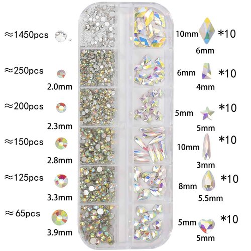 DZHILHMX Nail Rhinestones - 3D Multi Shape Size, AB Crystals, Beads, Flat Back, Gems Rhinestones, for Nail Art and DIY Decor