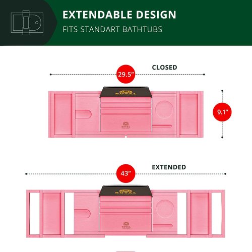 ROYAL CRAFT WOOD Luxury Bathtub Caddy Tray, One or Two Person Bath and Bed Tray, Bonus Free Soap Holder (Pink)
