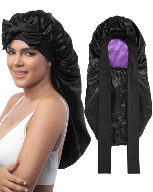 AWAYTR Long Satin Bonnet for Sleeping - Double Layer Reversible Silk Bonnet for Long Hair Women Sleeping Cap with Tie Band (Black+Purple)