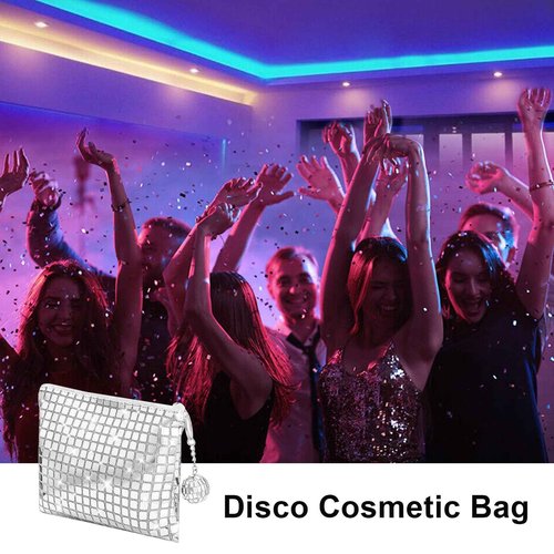 JDRGJTH 12 Pack Disco Cosmetics Bag,Makeup Bag, Portable Silver Sequins Glitter Mirror Foil Zipper Handbag with Disco Accessories Make Up Travel Bag Essentials 70s 80s 90s Disco Party Favors