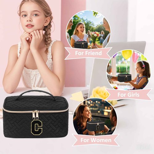 JRQCSJY Gifts Initial Makeup Organizer Bag for Girls, Chenille Letter Personalized Cosmetic Bag with Zipper | Preppy Quilted Portable Makeup Pouch Teen Birthday Gifts (A, Balck)