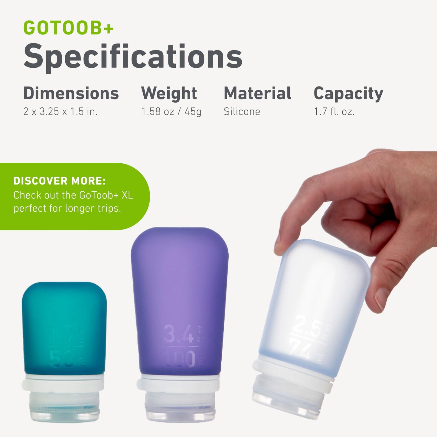 humangear GoToob+ Refillable Silicone Travel Size Bottles with Locking Cap, 3pk Set, Clear/Green/Blue, Small (1.7 fl.oz; 53ml)