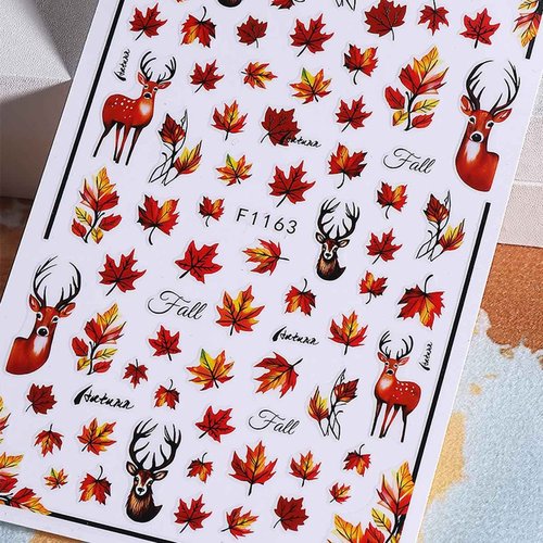 Fall Nail Art Stickers Autumn Maple Leaf Nail Decals 6PCS Autumn Leaves Deer Design 3D Self-Adhesive Nail Art Decorations Supplies Fall Stickers for Nails Women Thanksgiving Day DIY Manicure Decor