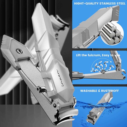 Toenail Clippers for Thick Nails for Seniors| INXEN Ergonomic Heavy Duty Angled Head Nail Clippers with Catcher | Premium Steel Wide Opening Fingernail Clippers Nail Cutter for Men & Women
