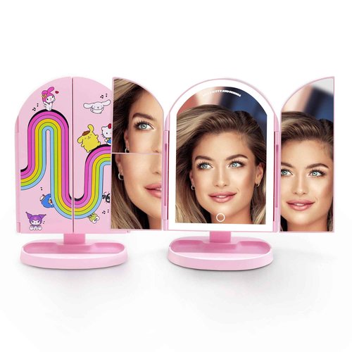 Impressions Vanity Hello Kitty and Friends Core Arch Trifold LED Makeup Mirror for Desk, 3 Way View Foldable Vanity Mirror with Lights, 2X and 3X Magnification, Adjustable Tilt and Soft Touch