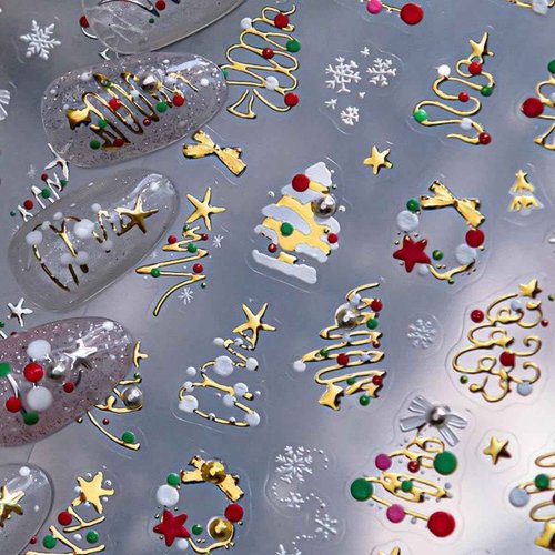 Christmas Tree Nail Stickers Gold Nail Art Stickers Xmas Nail Decals with Pearl Design Snowflake Nails Art Decals 5D Embossed Self Adhesive Nails Charms for Women Girls Manicure Decoration Accessories