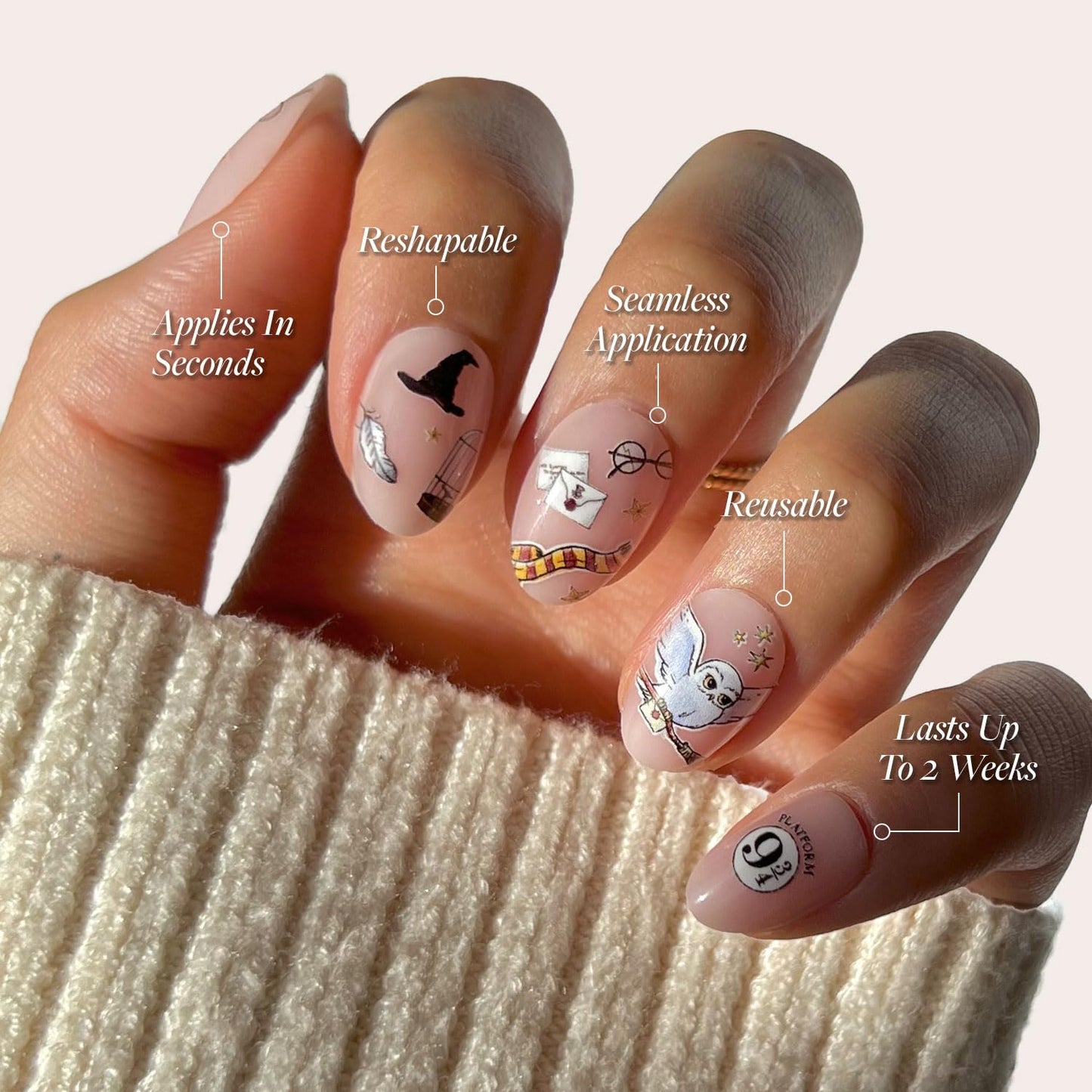 Harry Potter™ x Glamnetic Press On Nails - Hogwarts™ | Semi-Transparent Multi Graphic Short Oval False Nails, Reusable Stick On Fake Nails with Glue | Salon Quality | 15 Sizes - 30 Nail Kit