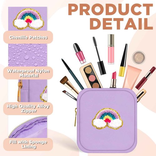 Zubebe 6 Pcs Preppy Patch Cute Makeup Bags Toiletry Bags Skincare Pouch Chenille Letter Nylon Bag for Purse Small Zipper Cosmetic Makeup Pouch Preppy Things for Travel(Fresh Color)