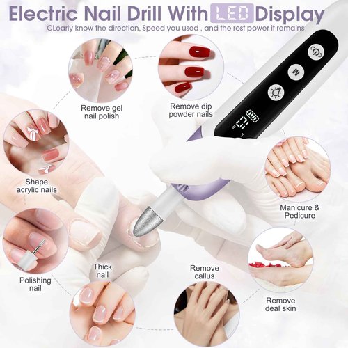 Professional Manicure Pedicure Kit with Case, Cordless Electric Nail File Set with Memory Mode&10 Speed, Portable Nail Drill Pedicure Tools for feet, Hand Foot Care Tool for Thick Nail Toenail Cuticle