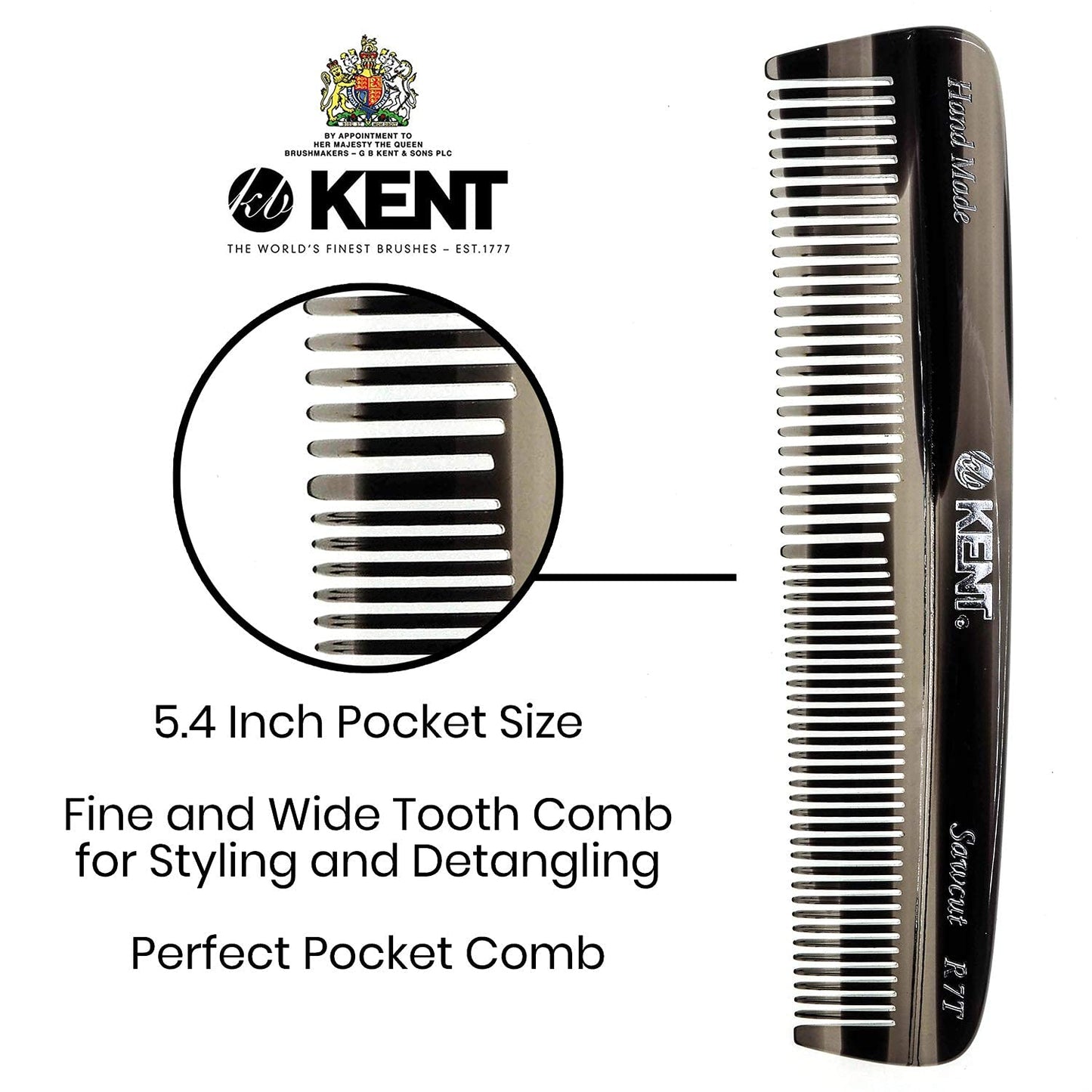 Kent R7T THE APSLEY Limited Edition Double Tooth Hair Pocket Comb, Small Fine/Wide Tooth Comb for Styling Hair, Beard and Mustache for Men, Women and Kids. Saw Cut Hand Polished. Handmade in England