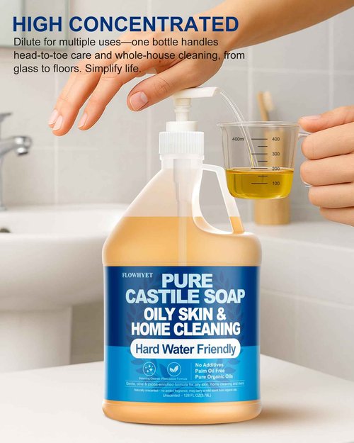 FLOWHYET Pure Castile Soap Liquid Unscented 1 Gallon(128 fl oz) Refill, Organic Body Wash Bath Soap Vegan Castile,Hard Water Oily Skin Friendly for Body, Face, Hand, Multi-Purpose Home Cleaner
