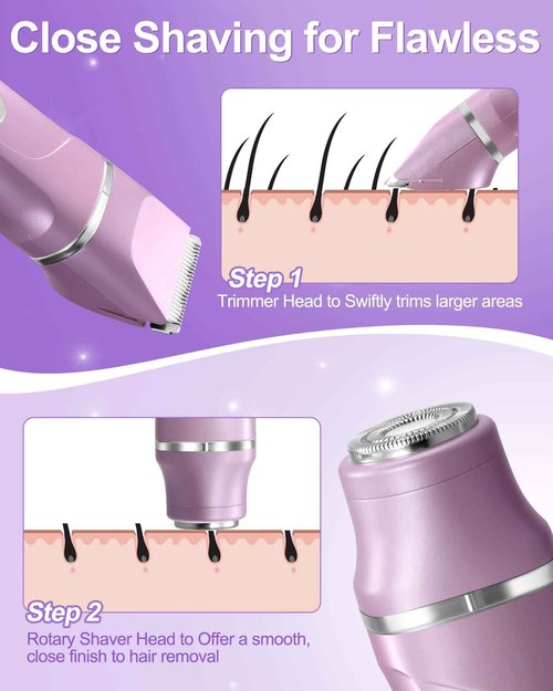 Electric Razors for Women 2 in 1 Bikini Trimmer for Women Cordless Dry/Wet Use Electric Shaver for Pubic Hair, Armpit, Facail Hair Removal, Waterproof Pearl Purple