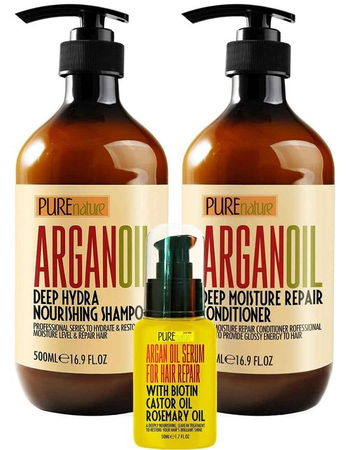 PURE NATURE Moroccan Argan Oil Shampoo and Conditioner and Hair Serum with Biotin, Castor, Rosemary Oil