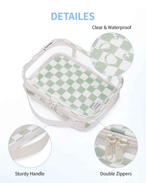 Narwey TSA Approved Clear Toiletry Bag for Travel, Waterproof PVC Clear Makeup Bags, Portable Compact Cosmetic Bag Make Up Organizer, Airport Airline Quart Size Compliant Bag (Mint Green Checkerboard)