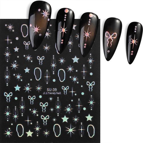 Star Bow Nail Stickers Decals Gold Silver Laser Purple Nail Art Decals Self-Adhesive Designs Nail Art Stickers for Women DIY Nails Decorations Star Nail Decals Accessories
