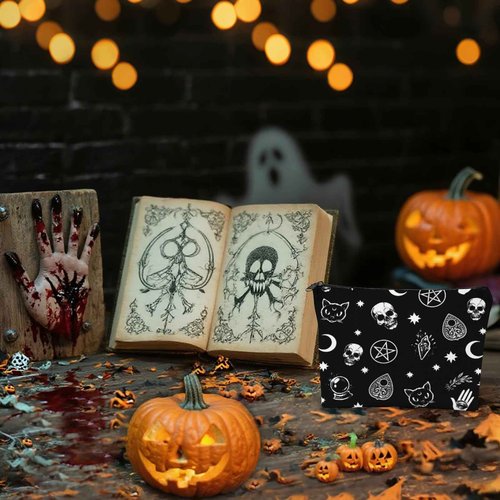 Franala Halloween Makeup Bag Gothic Skull Cat, Large Capacity Portable Toiletries with Lined, Goth Zipped Cosmetic Bag Pouch for Women, Travel Shopping Accessories Birthday Gifts