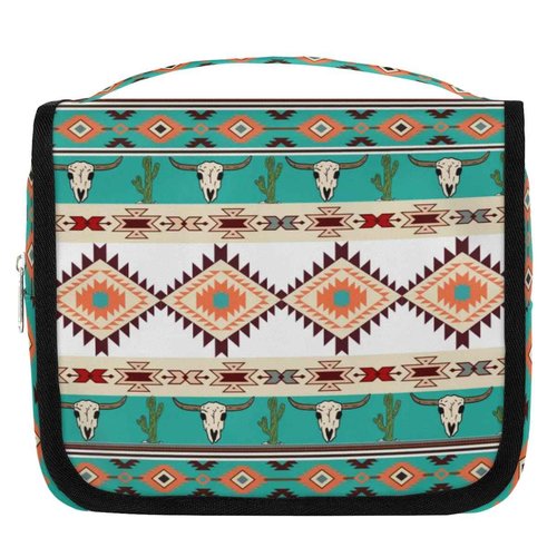 Funky Qiu Hanging Toiletry Bag for Women And Men, Ethnic Aztec Navajo Travel Cosmetic Makeup Bag Travel Organizer, Bull Skull Cactus Waterproof Toiletry Bag for Accessories, Essentials