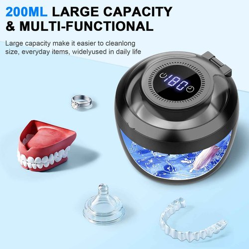 45kHz Ultrasonic Retainer Cleaner Machine, 200ML Denture Cleaner, 4 Modes with Digital Timer Mouth Guard Cleaner, Night Guard Cleaner Dental Cleaning Pod for Aligner, Braces, Jewelry (Dark Black)