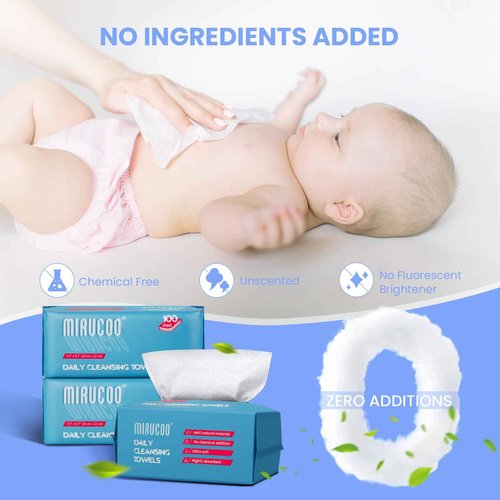 Mirucoo 100 Sheet Daily Cleansing Towels Ultra Soft Dry Wipes for Sensitive Skin Disposable Facial Washcloths 100% Organic Viscose (Pack of 6)