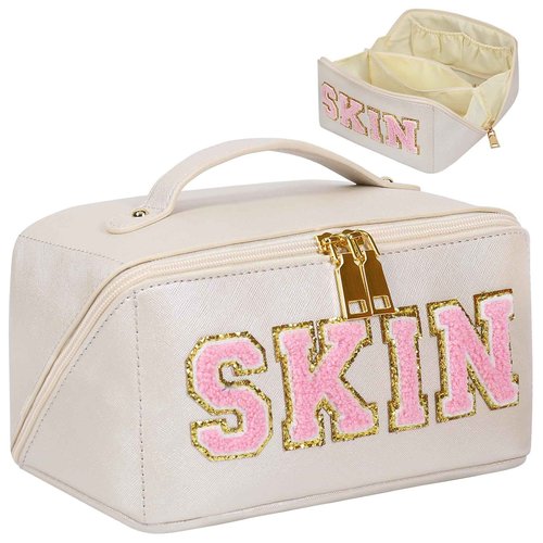 JOINDO Large Capacity Skincare Bag, Chenille Letter Preppy Makeup Bag, PU Leather Large Capacity Travel Cosmetic Bag with Divider and Handle, Gift for Women