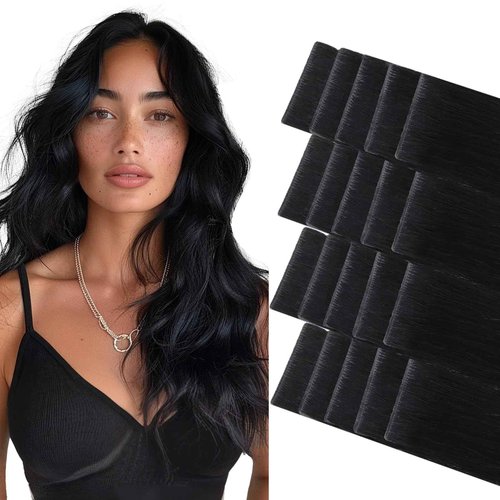 GOO GOO Invisi Edge Tape in Hair Extensions Human Hair, 1 Jet black 20pcs 14inch 50g, Virgin Remy Hair, Seamless Injected Tape, Natural Look