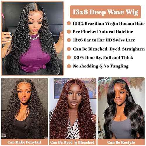 13x6 Deep Wave Lace Front Wigs Human Hair 180% Density Curly Glueless Wigs Wet and Wavy Wigs Pre Plucked for Women 24 Inch