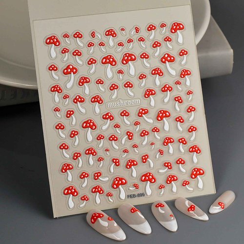 Mushroom Nail Art Stickers Decals 5D Embossed Mushroom Nail Decals Spring Nail Stickers Red Self-Adhesive Nail Art Supplies Cute Summer Nail Art Accessories for Women DIY Manicure Decoration 1Pcs