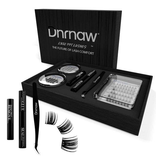 Luxury Lash Clusters Kit - Wispy & Fluffy Cluster Eyelash Extensions 8-16mm, 150H Wear | Korean Hypoallergenic PBT Fibers, Waterproof Glue & Seal | Gift Ready Premium Box (Volume-black box)