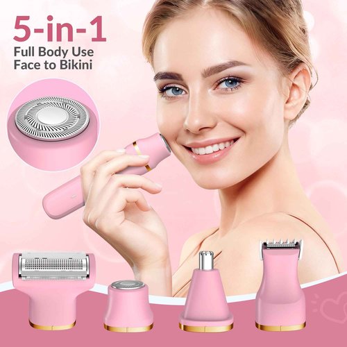 KINGTEE 5-in-1 Electric Bikini Trimmer for Women – IPX7 Waterproof Shaver, Cordless Body & Facial Razors for Women, Ceramic Blades, USB-C Rechargeable, Painless Hair Removal Kit (Pink)
