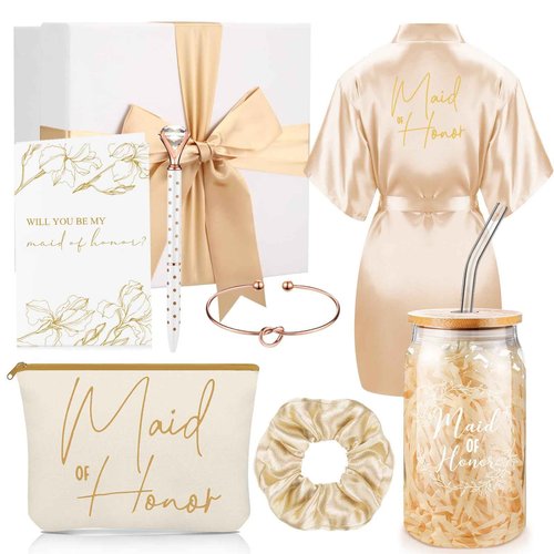 Irenare 8 Pcs Proposal Gifts Set Robes Makeup Bag Cup Cards Hair Tie Bracelet Diamond Pen Bridesmaid Gift Box(Champagne,Maid of Honor)