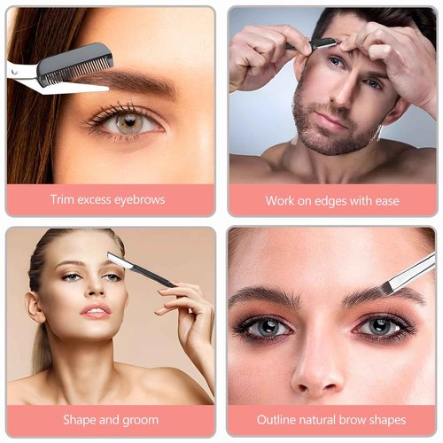 Kootinn Eyebrow Kit Grooming Scissors Razor Kit 4 In 1 Stainless Steel Set Kit for Women and Men, Including Brow Razors Trimmer, Brush, Eyebrow Scissors, Foldable Brow Razors