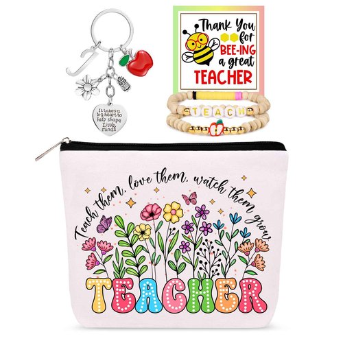 WINOWIMO Personalized Teacher Appreciation Gifts for Women, Thank You Graduation Gifts with Teacher Makeup Bag, Initial Cute Keychain, Teach Bracelets and Thank You Card (J)
