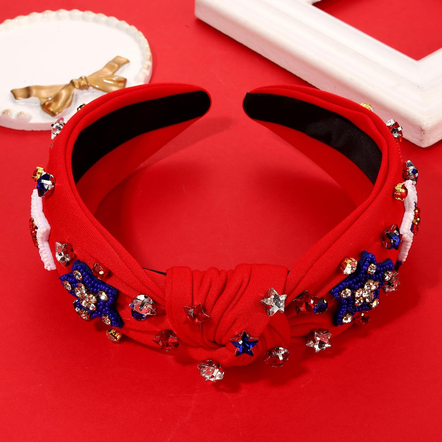 MOLOCH American Flag Headband 4th of July Headband Red White Blue USA Stars Knotted Headband for Women Rhinestone Crystal Patriotic Hairband Party Hair Accessory Stars