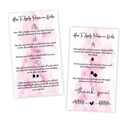 Press-On Nail Application Instructions Cards, Aftercare Instructions Cards, 50 Pack 3.5 x 2inch inch Business Card Size, DIY Press-On Nail Kit, White and Pink Design