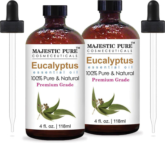 MAJESTIC PURE Eucalyptus Essential Oil | 100% Pure and Natural Eucalyptus Oil | Premium Grade Essential Oils for Hair Care, Home Diffusers, Aromatherapy, Massage and Humidifiers | 4 Fl Oz (Pack of 2)