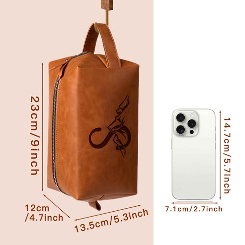 Aganmi Personalized Gifts Travel Toiletry Bag for Men Engraved Initial PU Leather Waterproof Shaving Bag for Toiletries Accessories Fathers Day Birthday Gift for Men Dad Husband Son, Light Brown I